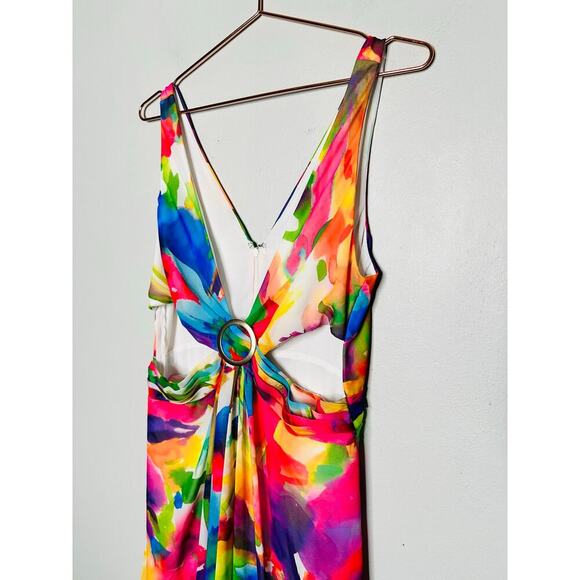 LIV FOSTER Tie Dye Multicolor Floral Abstract Side Cutout A-Line Gown Size 10 - Picture 16 of 16